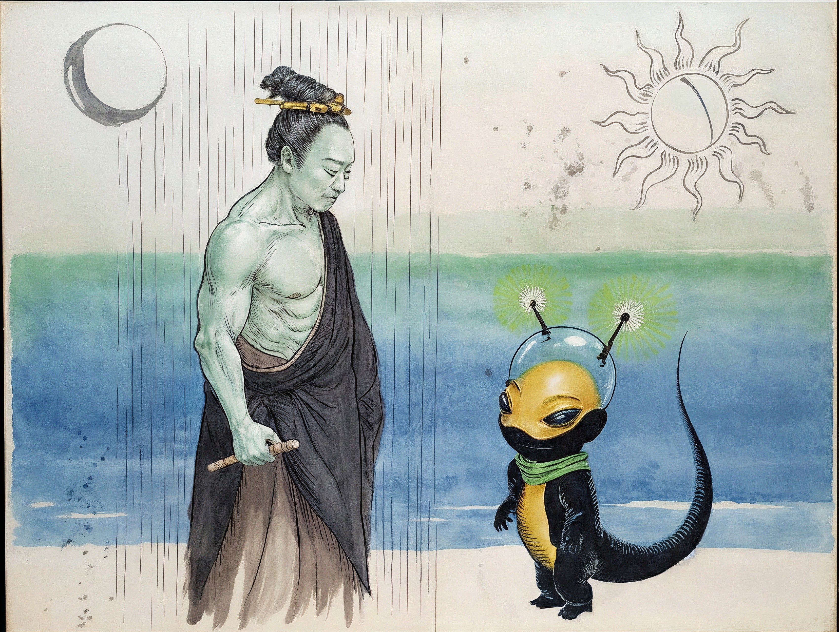 Muscular Figure with Alien Creature in Serene Landscape