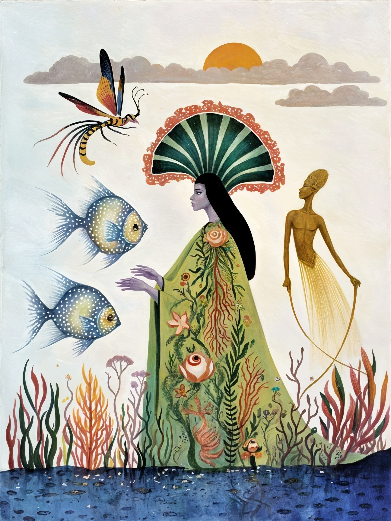 Vibrant Artwork of Woman by Water with Marine Motifs