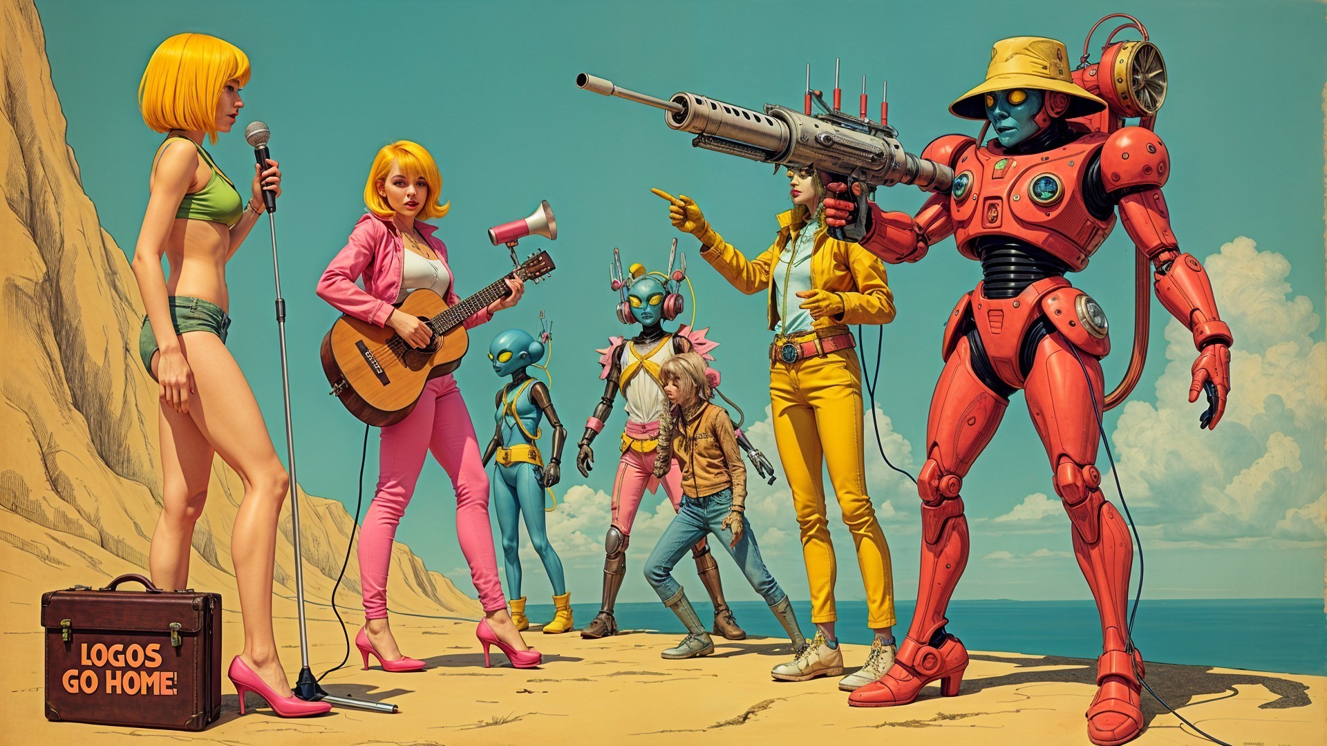 Surreal Scene with Eclectic Characters and Vibrant Landscape
