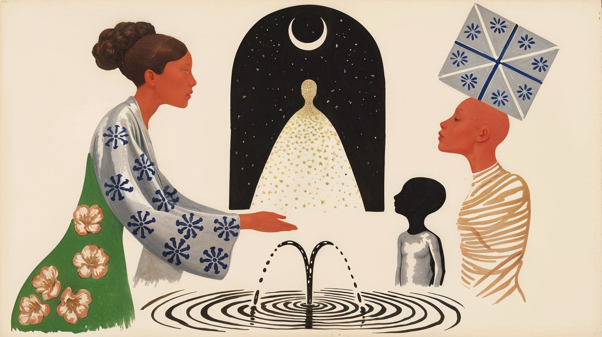 Contemplative Scene of Two Women and a Child