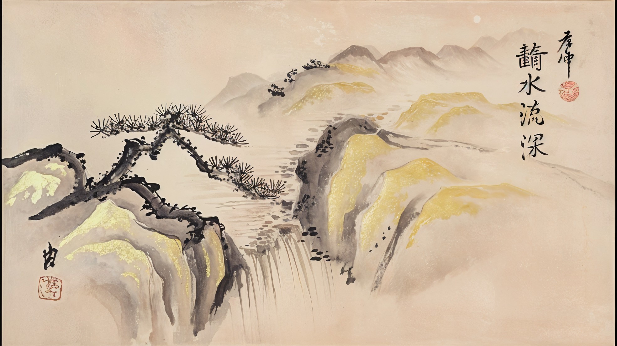 Traditional Chinese Landscape Painting with Mountains and Mist