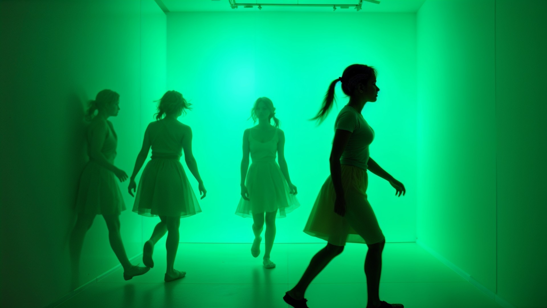Green-Lit Room with Silhouettes in Motion