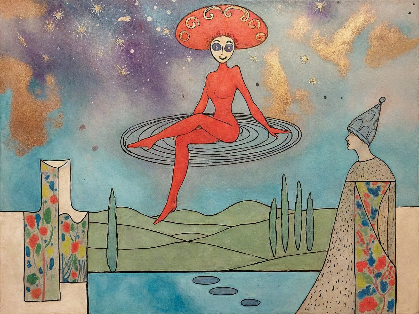 Whimsical Scene with Vibrant Colors and Abstract Elements