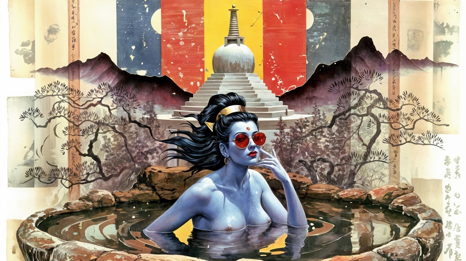 Blue-Skinned Figure by Tranquil Pool with Stupa Scene