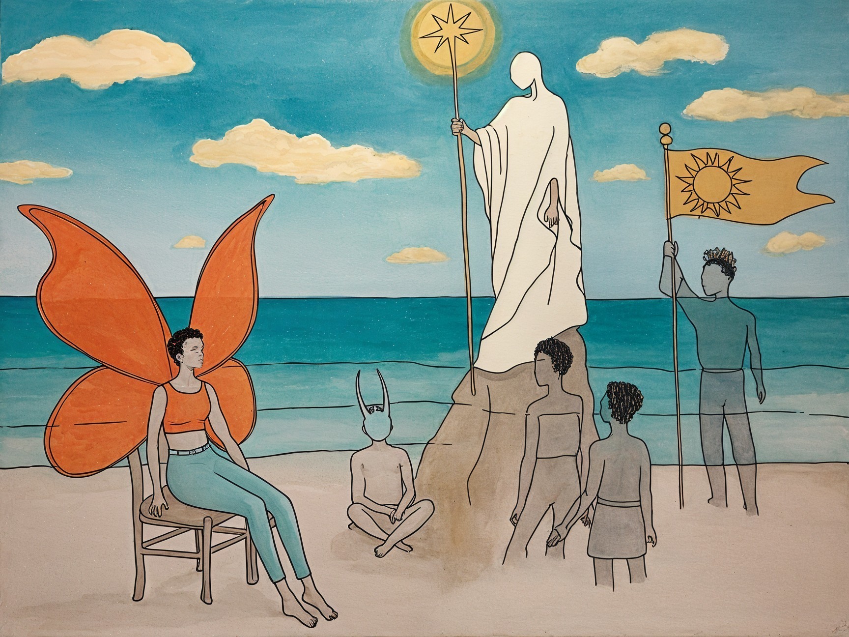 Beach Scene with Butterfly Wings and White Statue