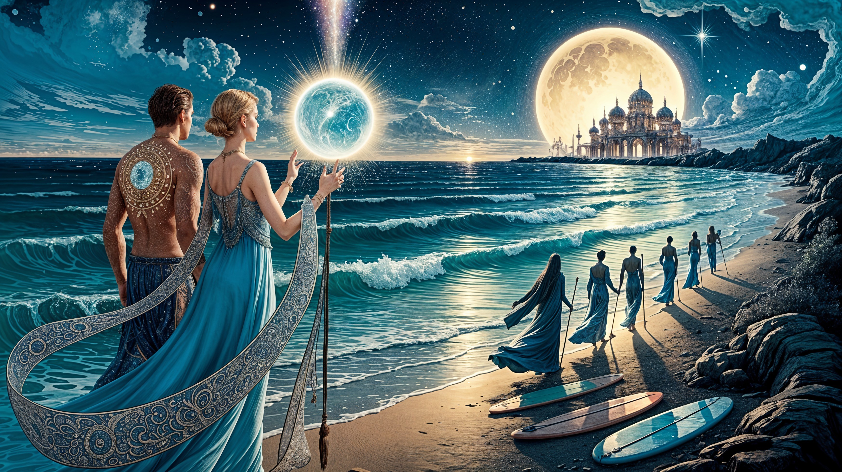 Moonlit Beach Scene with Celestial Elements and Palace
