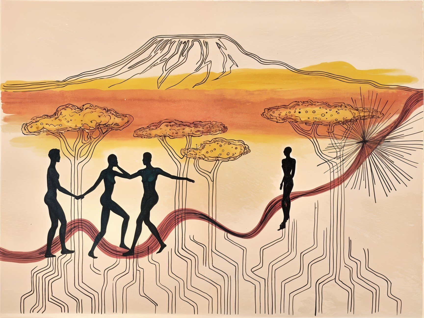 Stylized landscape with mountains and dynamic figures