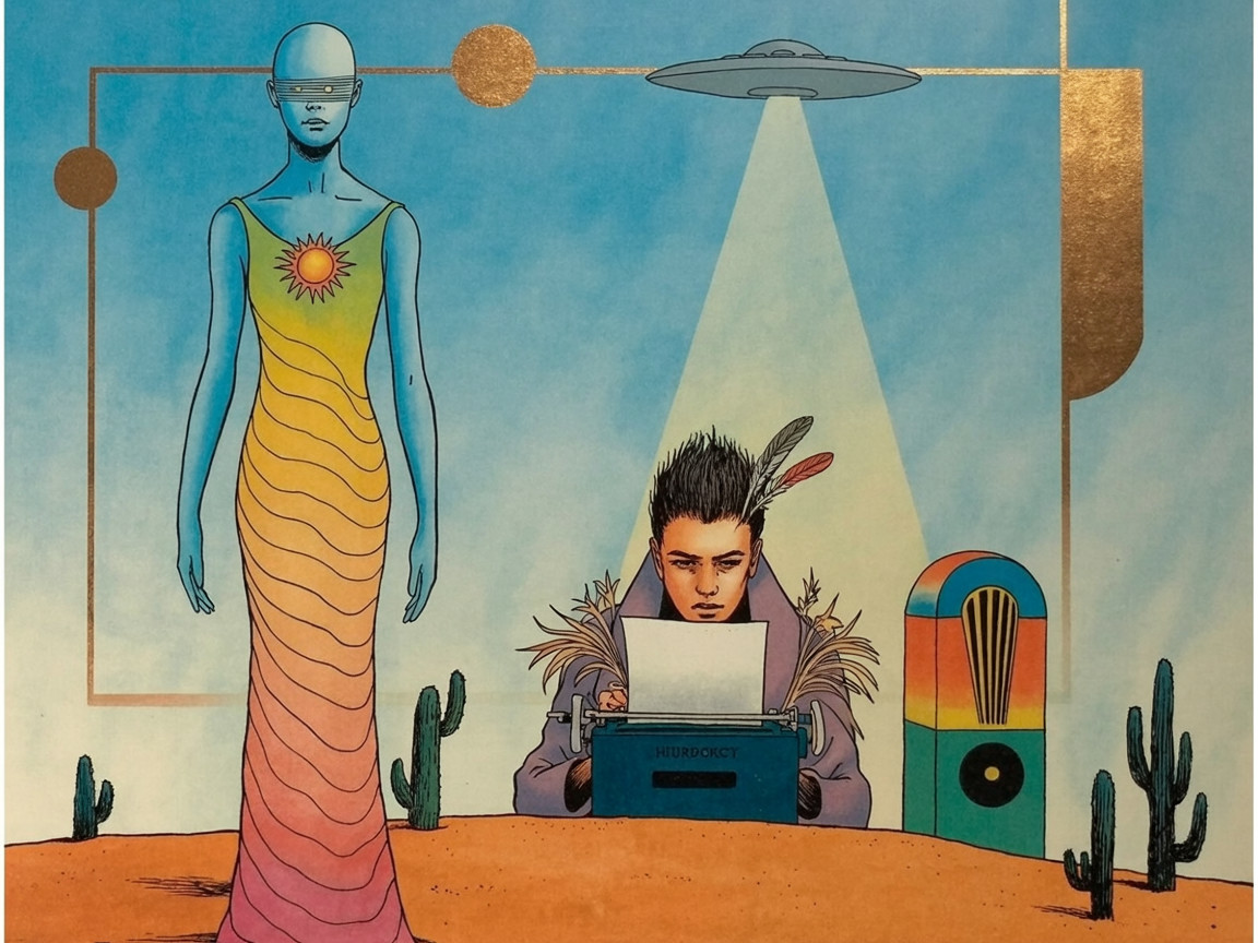 Surreal Desert Scene with Humanoid and Typewriter