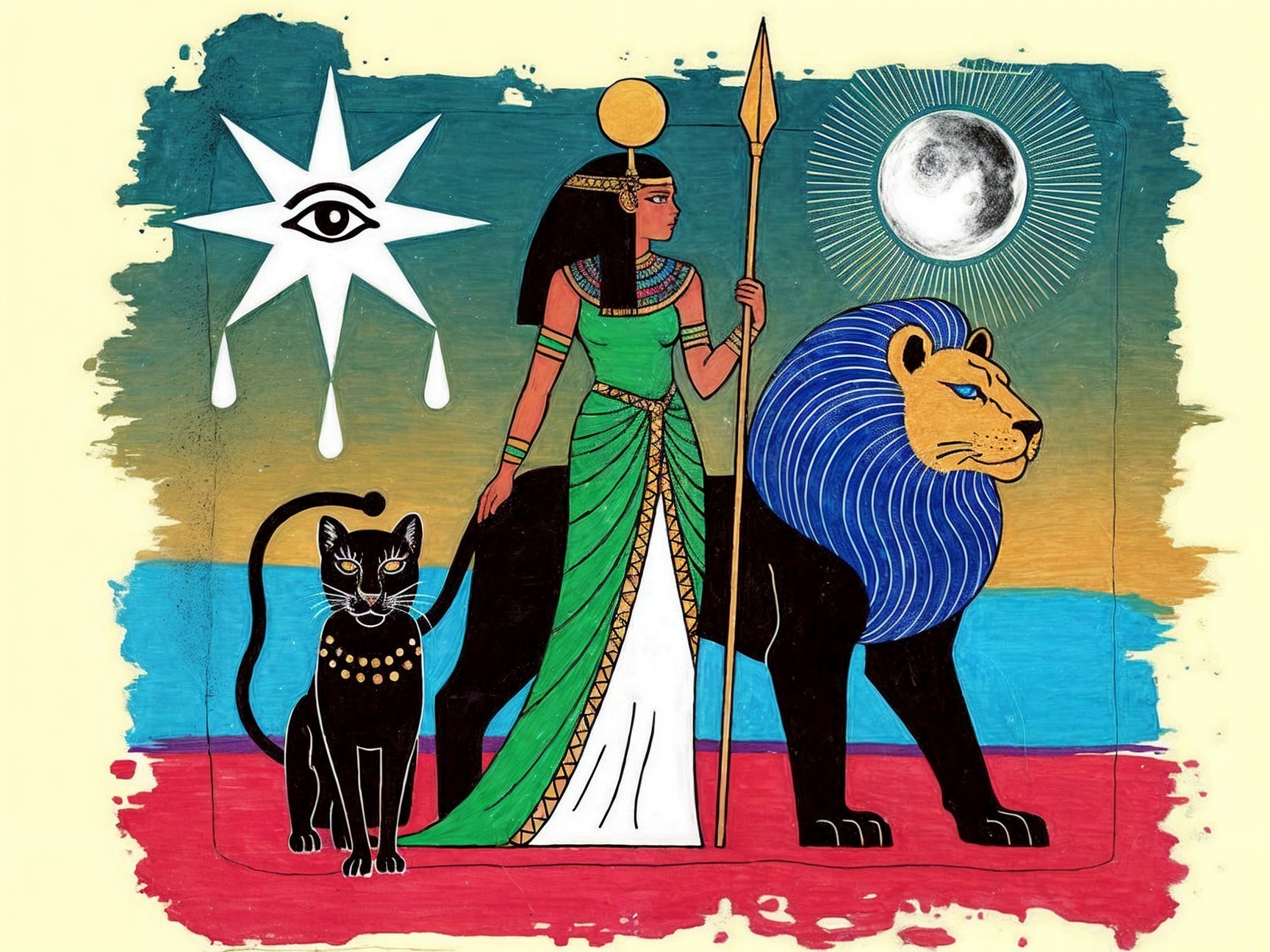 Stylized Egyptian Goddess with Lion and Black Cat
