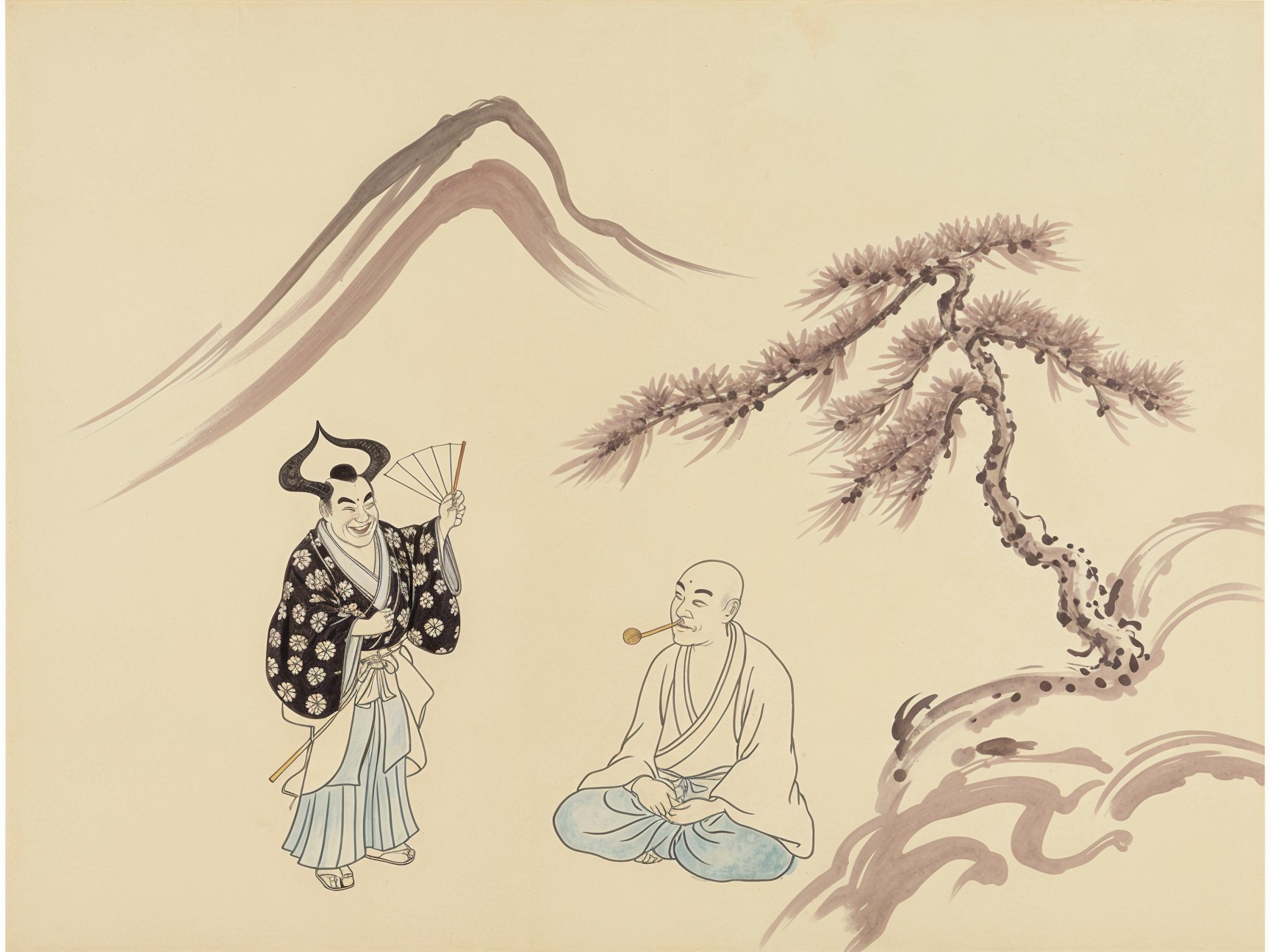 Traditional Figures in Serene Japanese Landscape