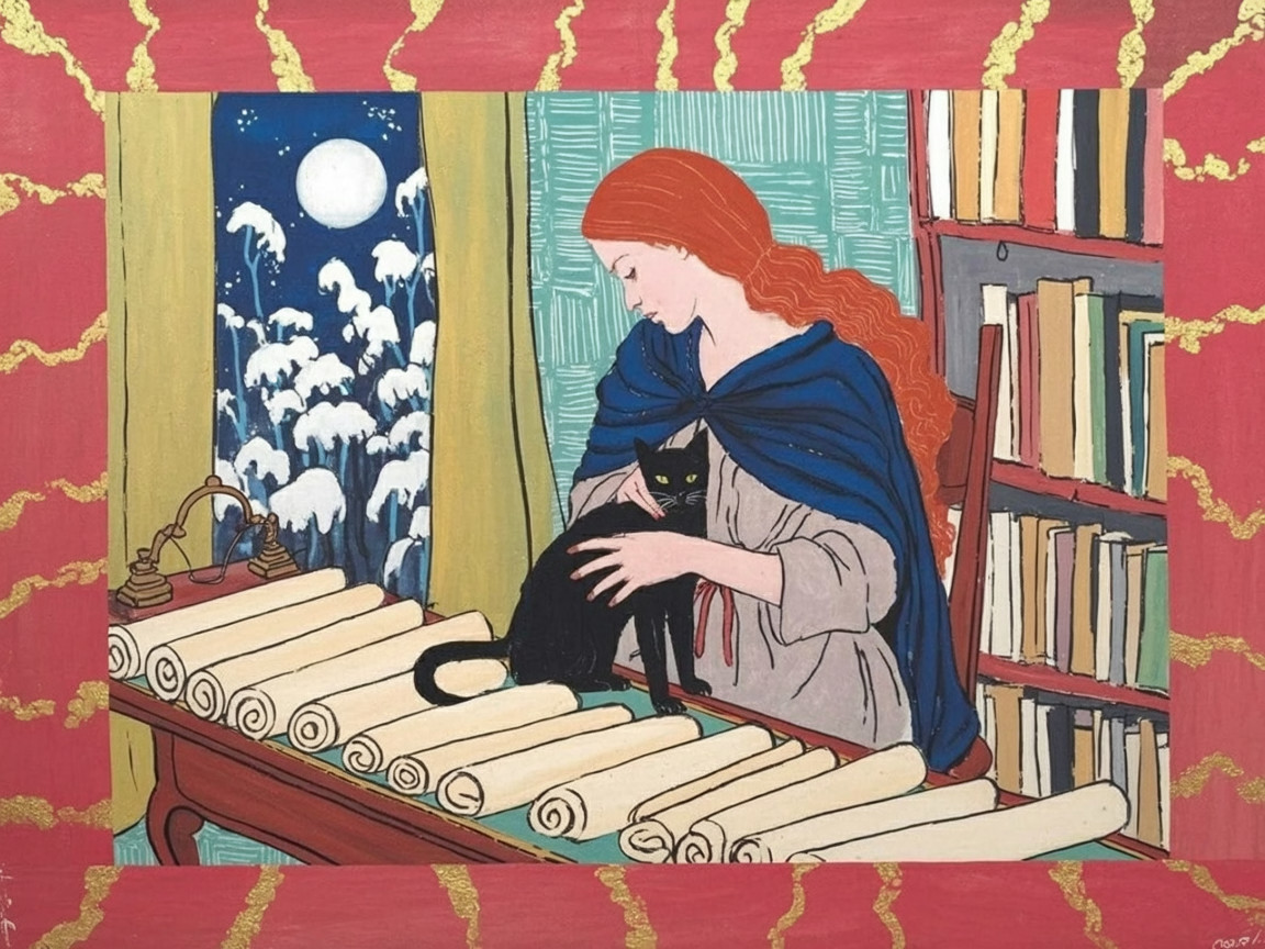 Cozy Room with Woman, Cat, and Snowy Landscape