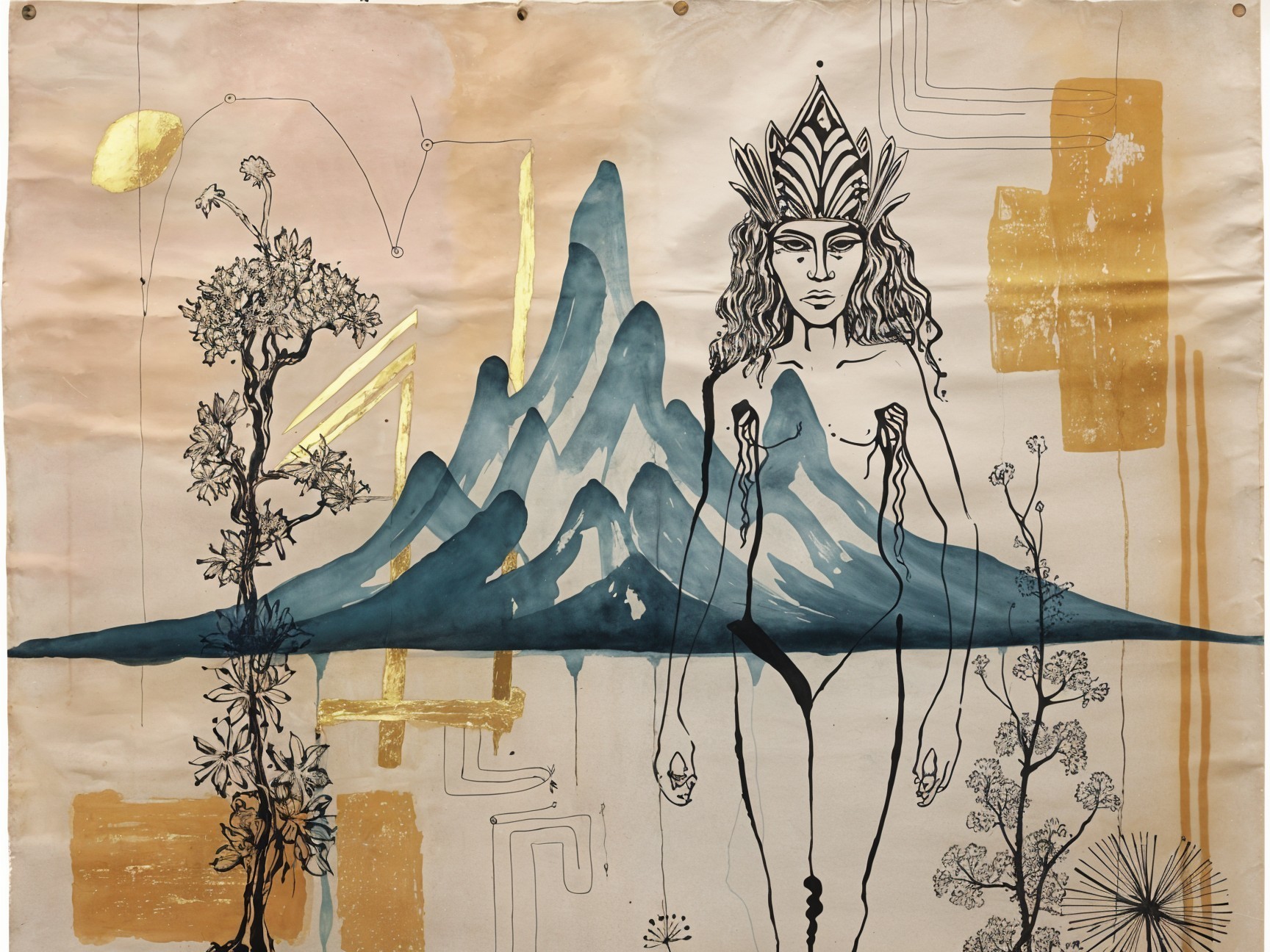 Woman with Crown Amidst Stylized Mountains and Nature