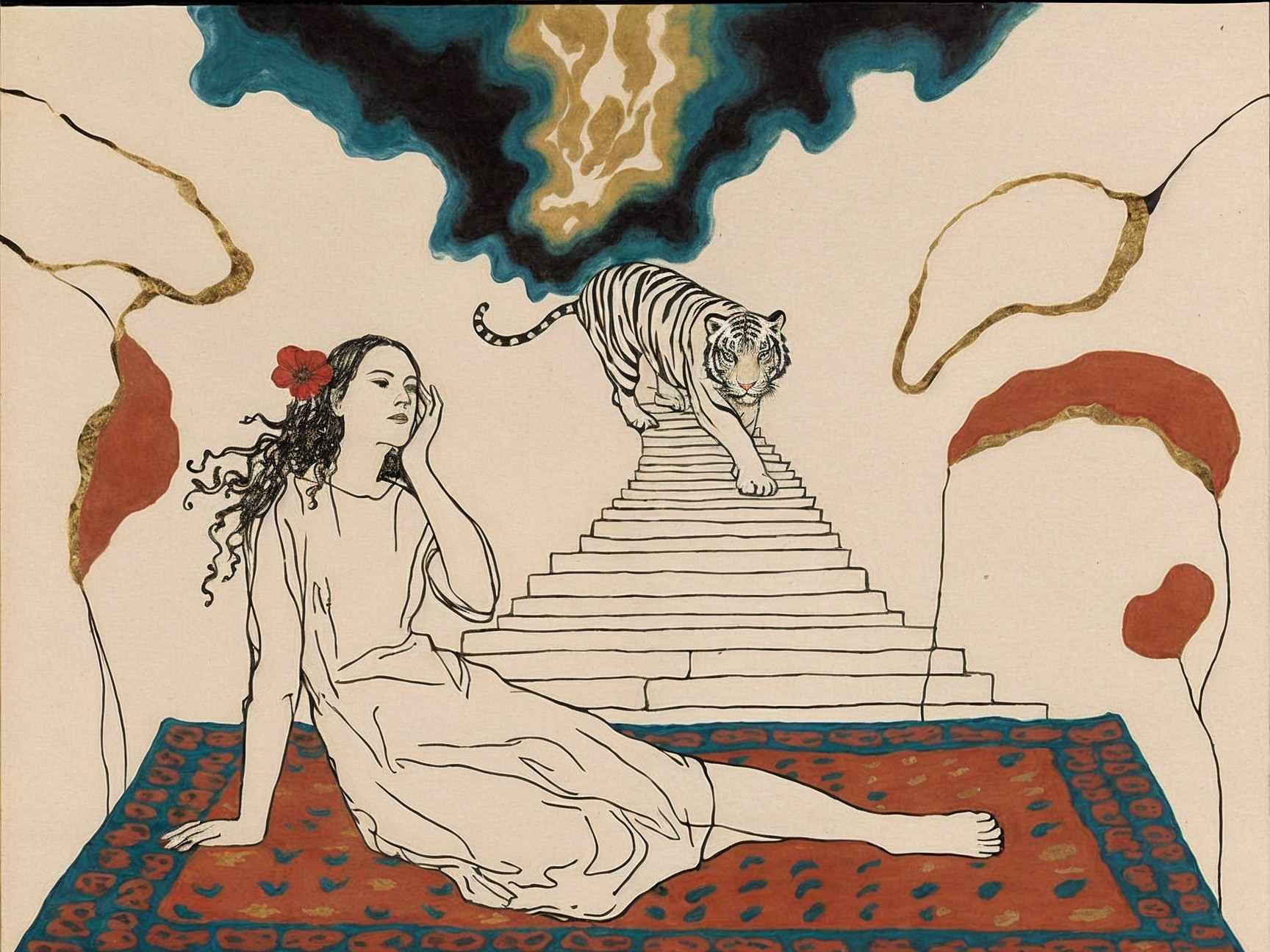 Serene Woman and Majestic Tiger in Dreamlike Scene
