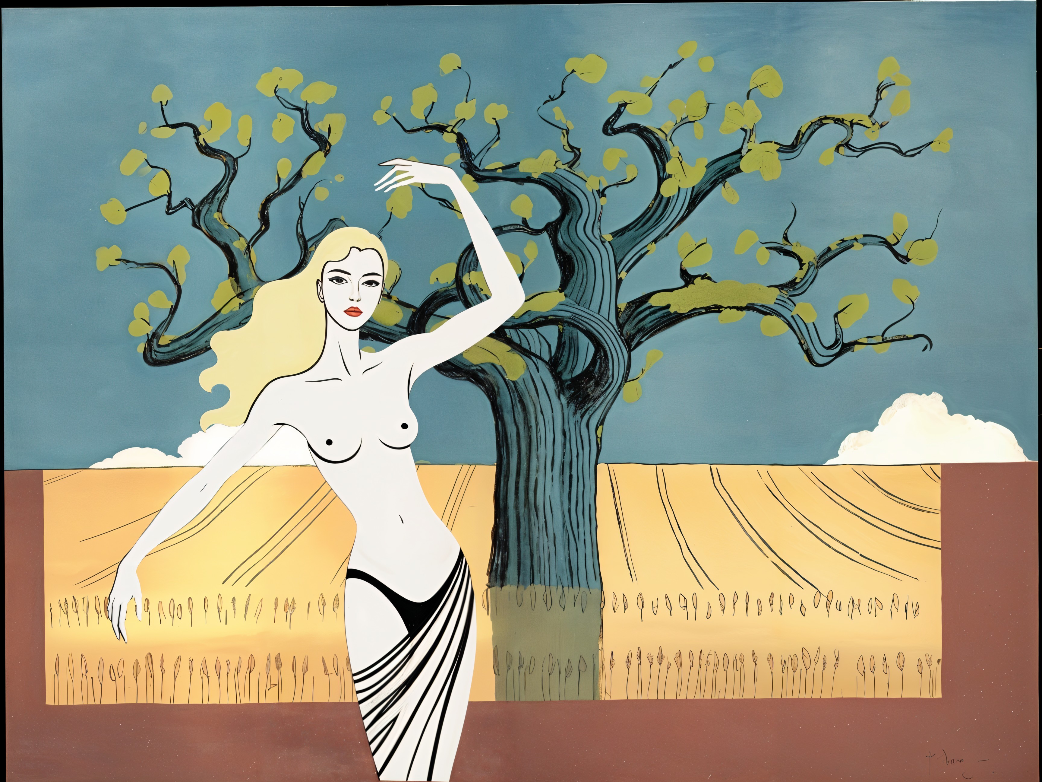 Stylized Nude Woman with Abstract Tree and Blue Sky
