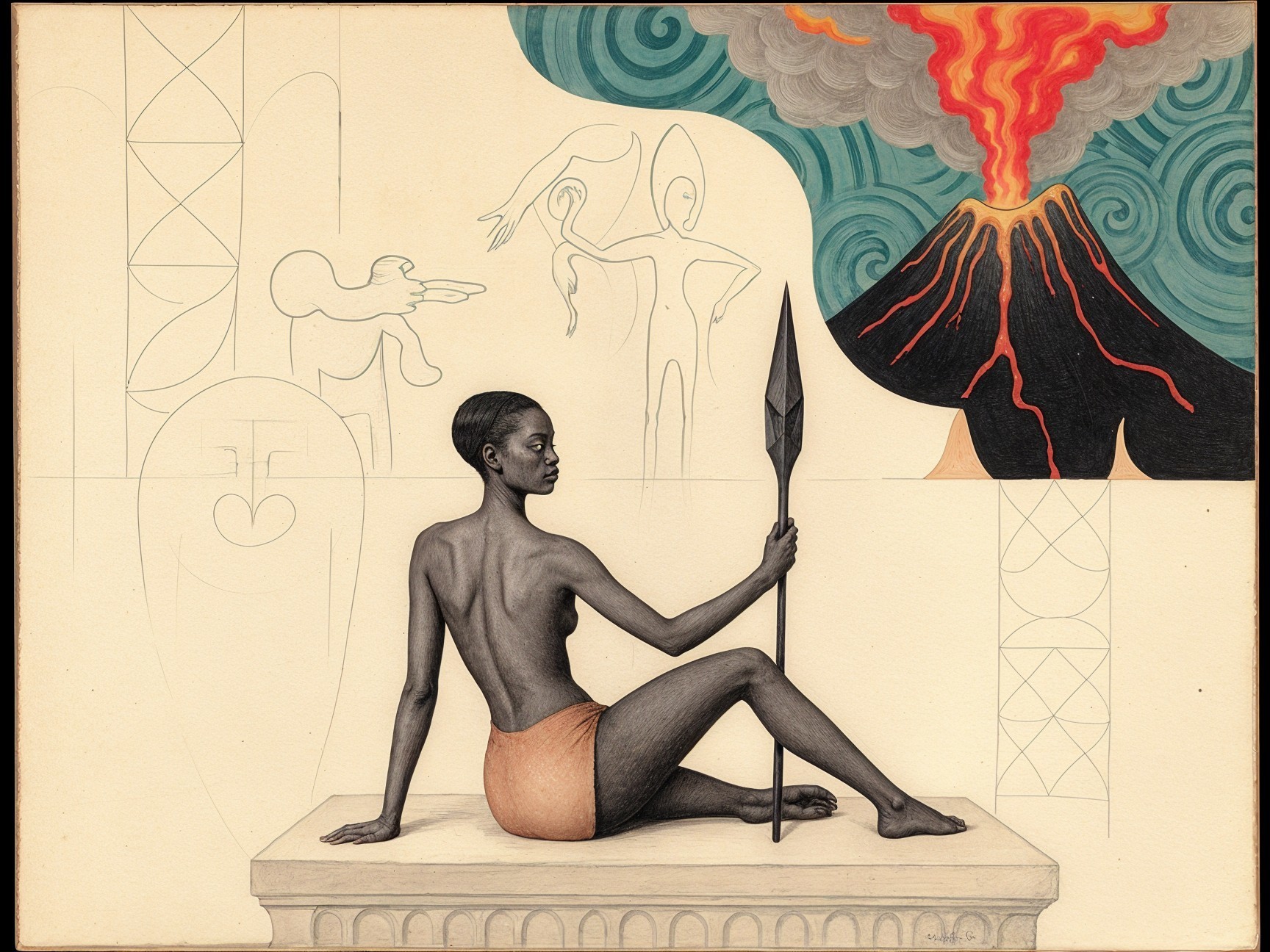Woman Seated on Pedestal with Volcano Background