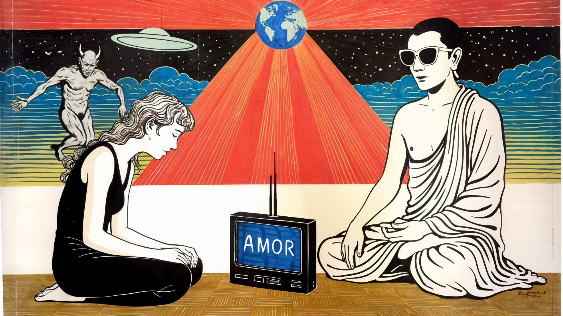 Meditative Scene with Cosmic and Pop Culture Elements