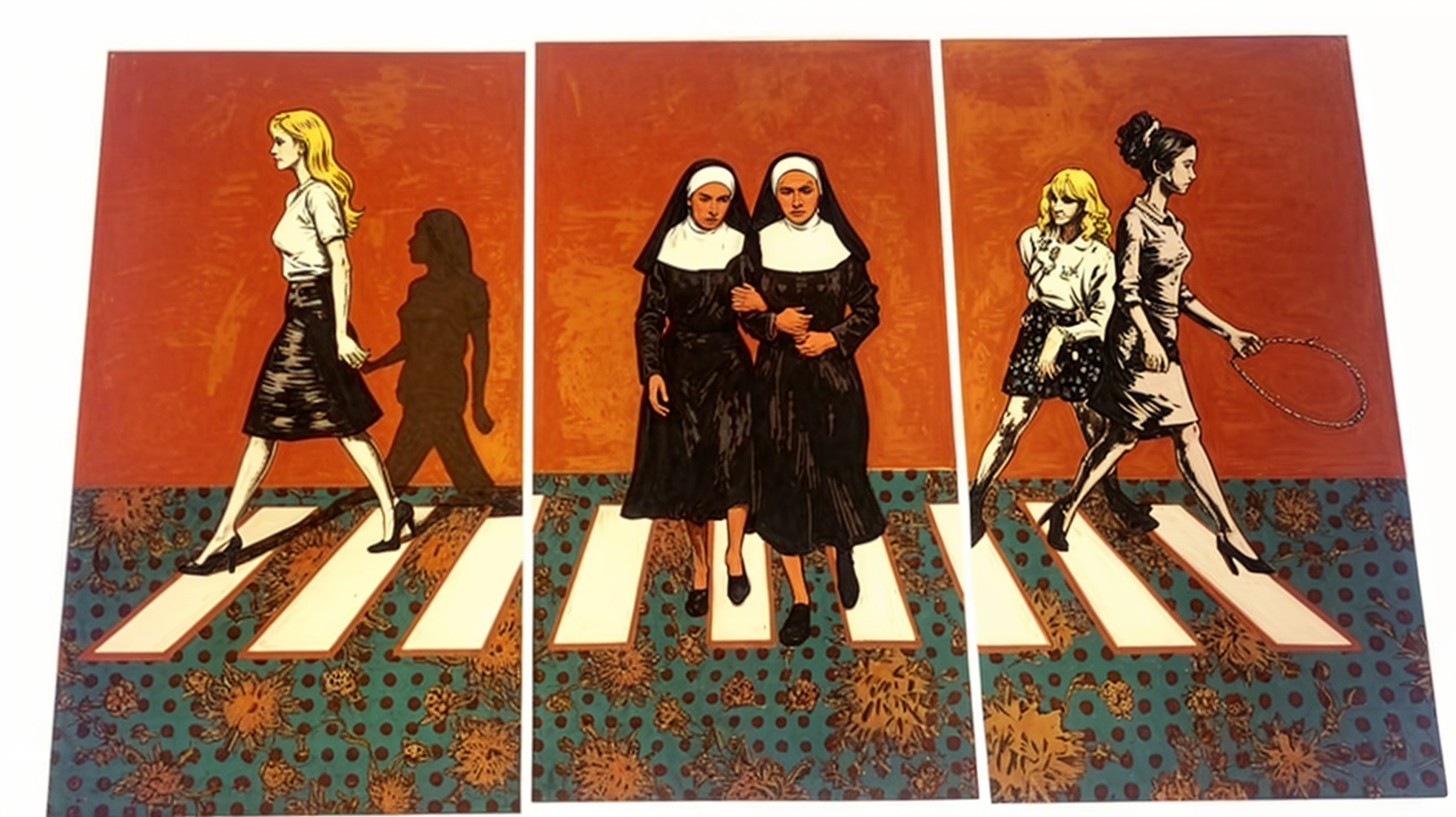 Triptych of Women on a Stylized Crosswalk