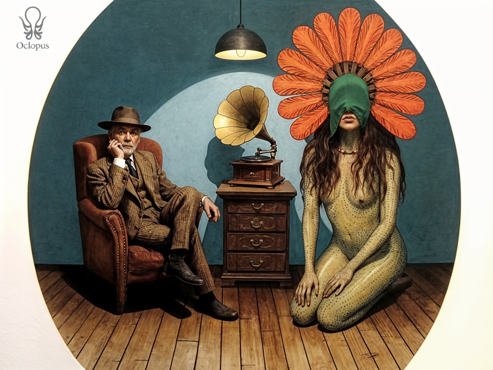 Surreal Artwork of Man and Woman in Vintage Setting