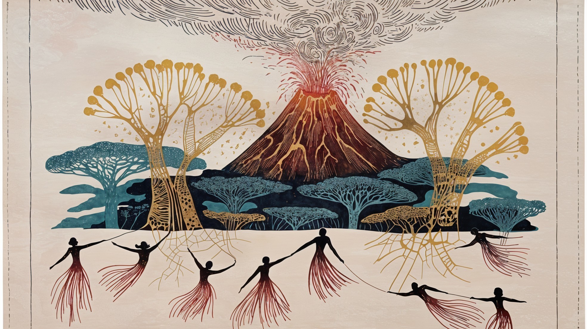 Vibrant Volcanic Scene with Nature and Humanity Themes