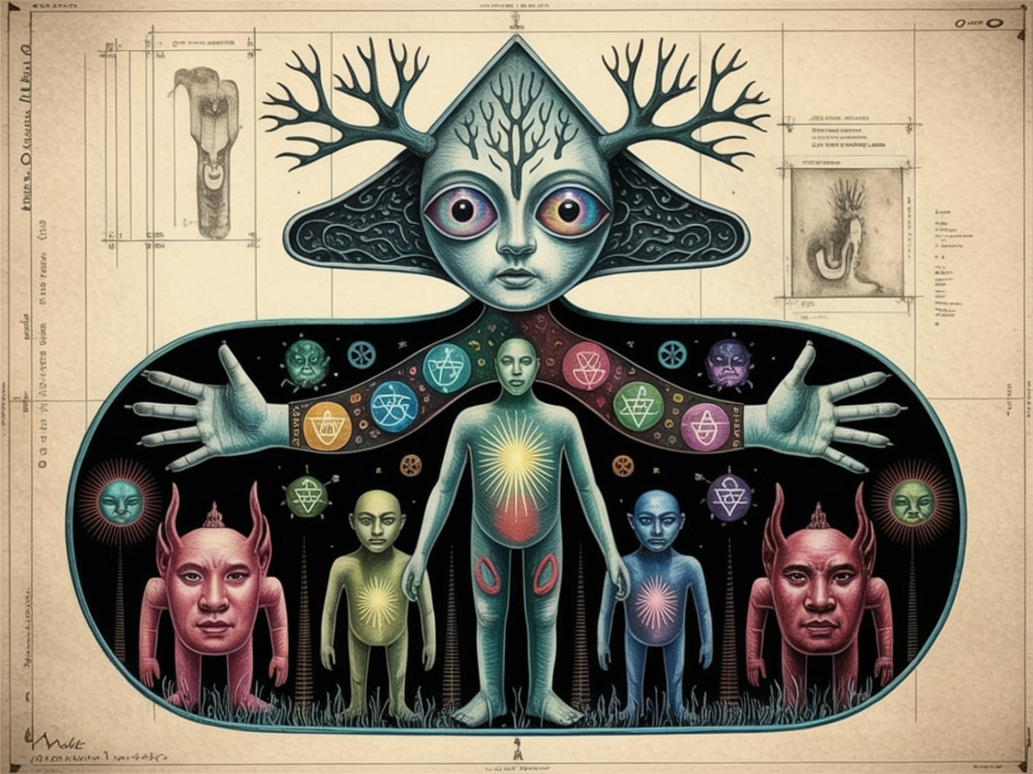 Artwork of a central figure with antlers and ethereal beings