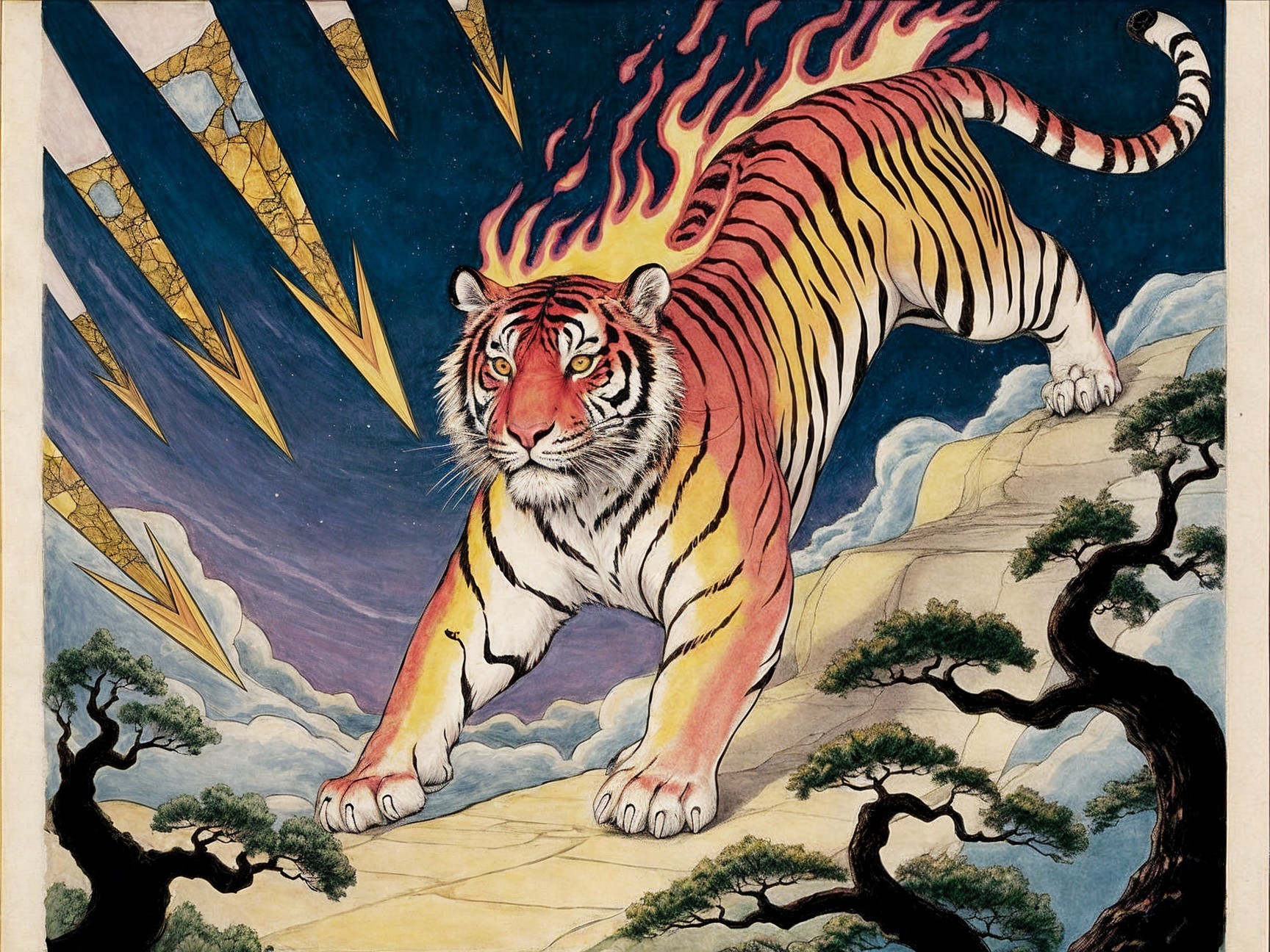 Fierce Tiger in Fiery Landscape with Dramatic Sky