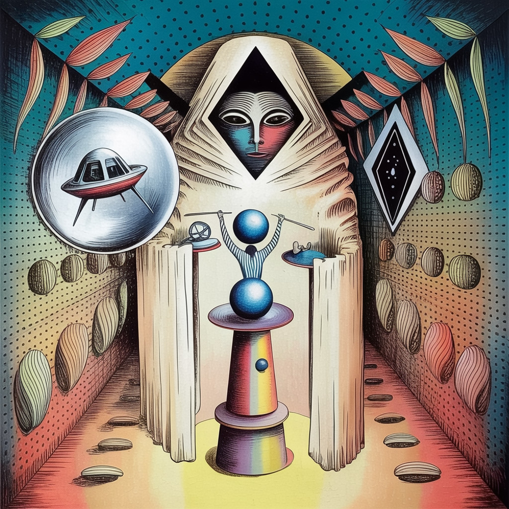 Cloaked Figure in Abstract Cosmic Scene with UFO