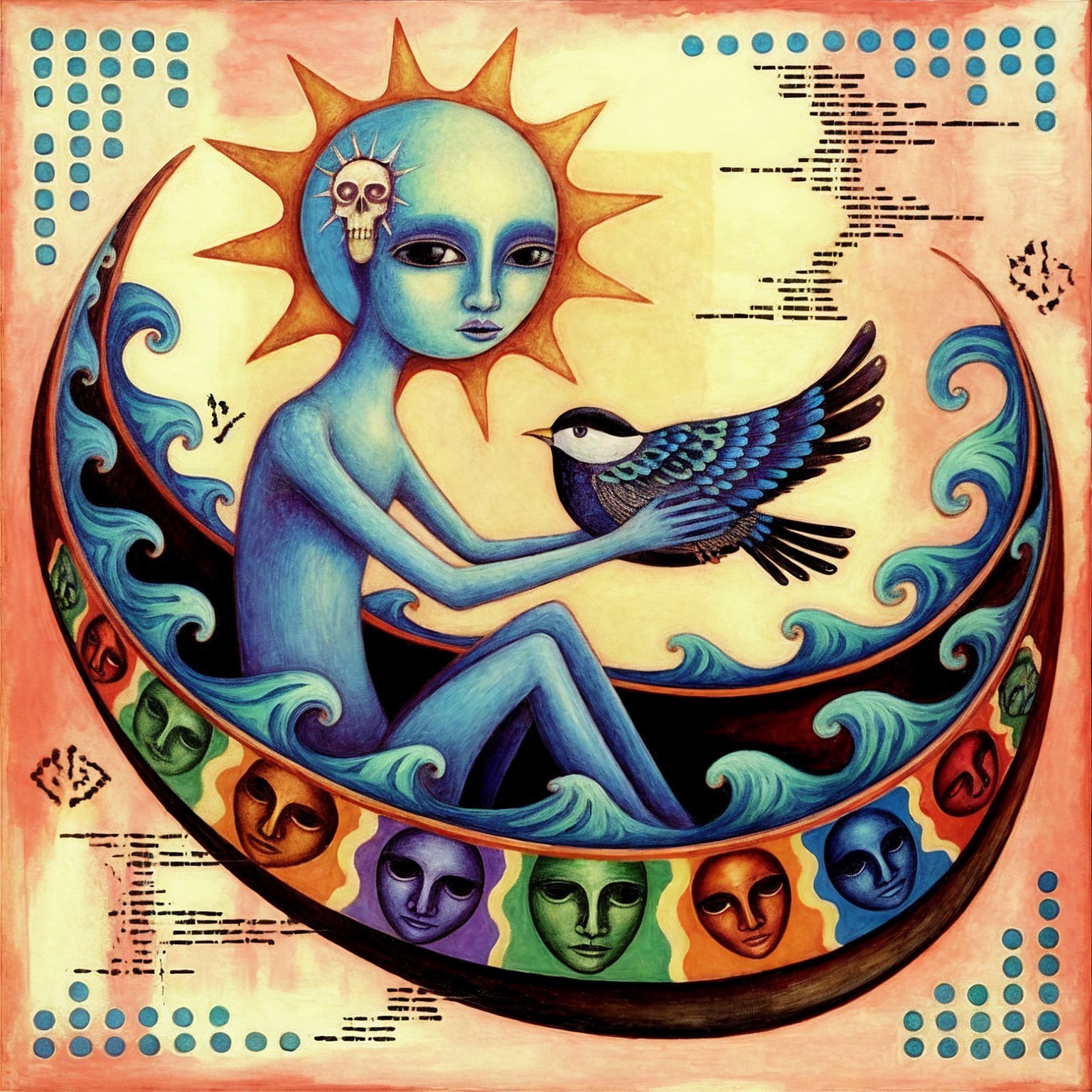 Ethereal Blue Figure in Crescent Moon Boat Artwork