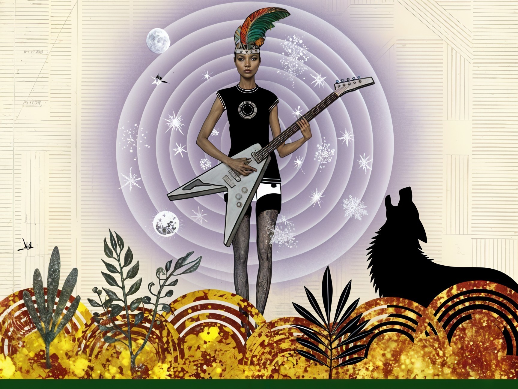 Illustration of a confident figure with guitar and nature elements