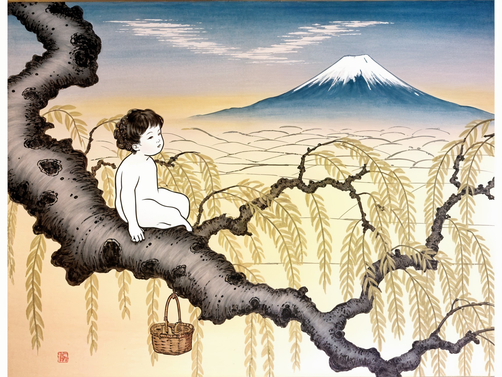 Young boy on willow branch overlooking serene landscape