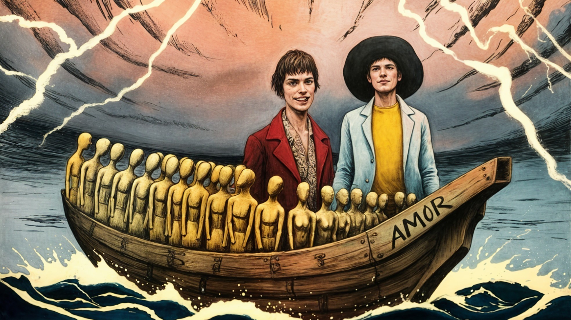 Figures on "AMOR" Boat Amidst Sculptures and Lightning