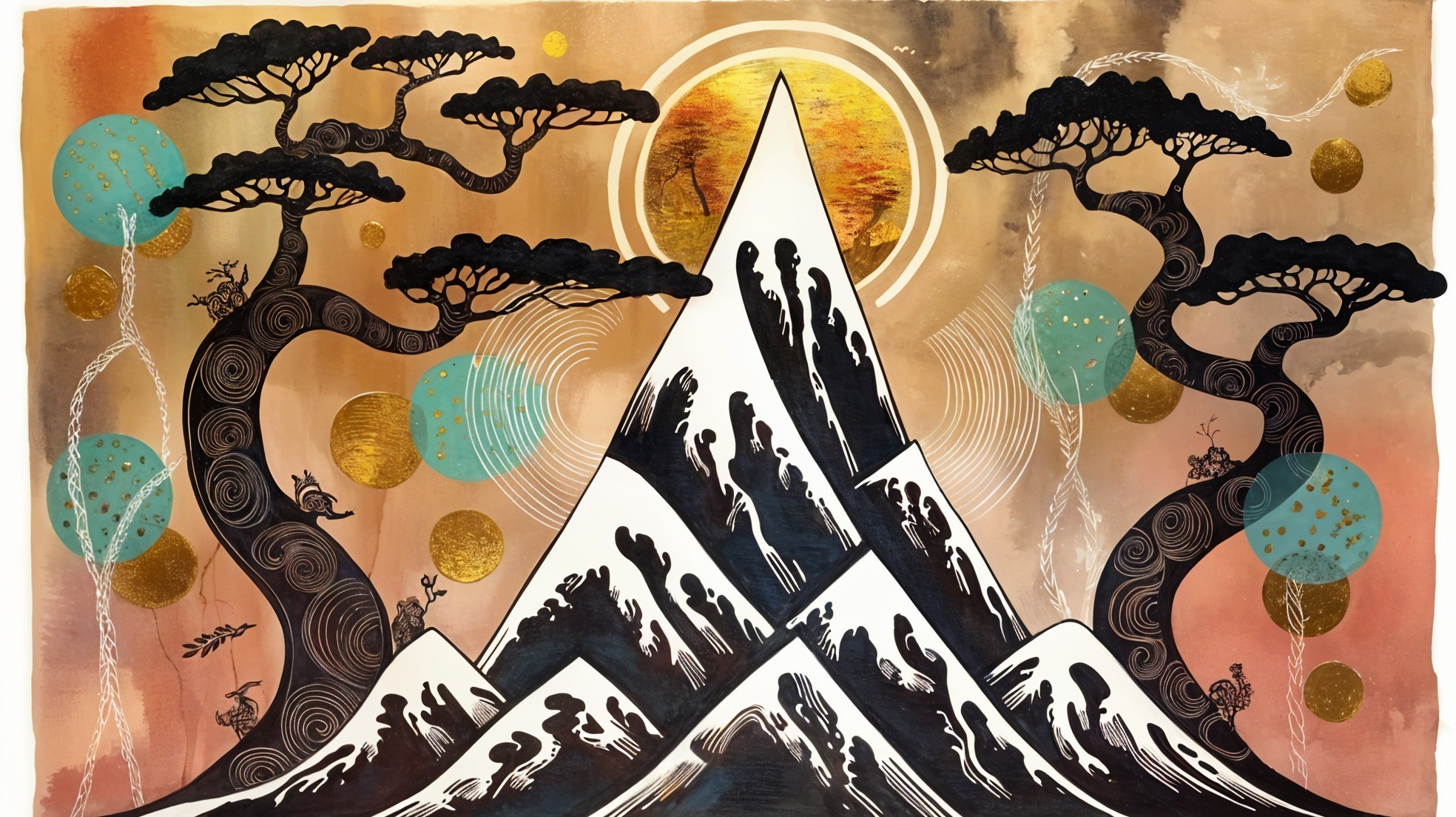 Majestic Mountain Range with Stylized Peaks and Trees