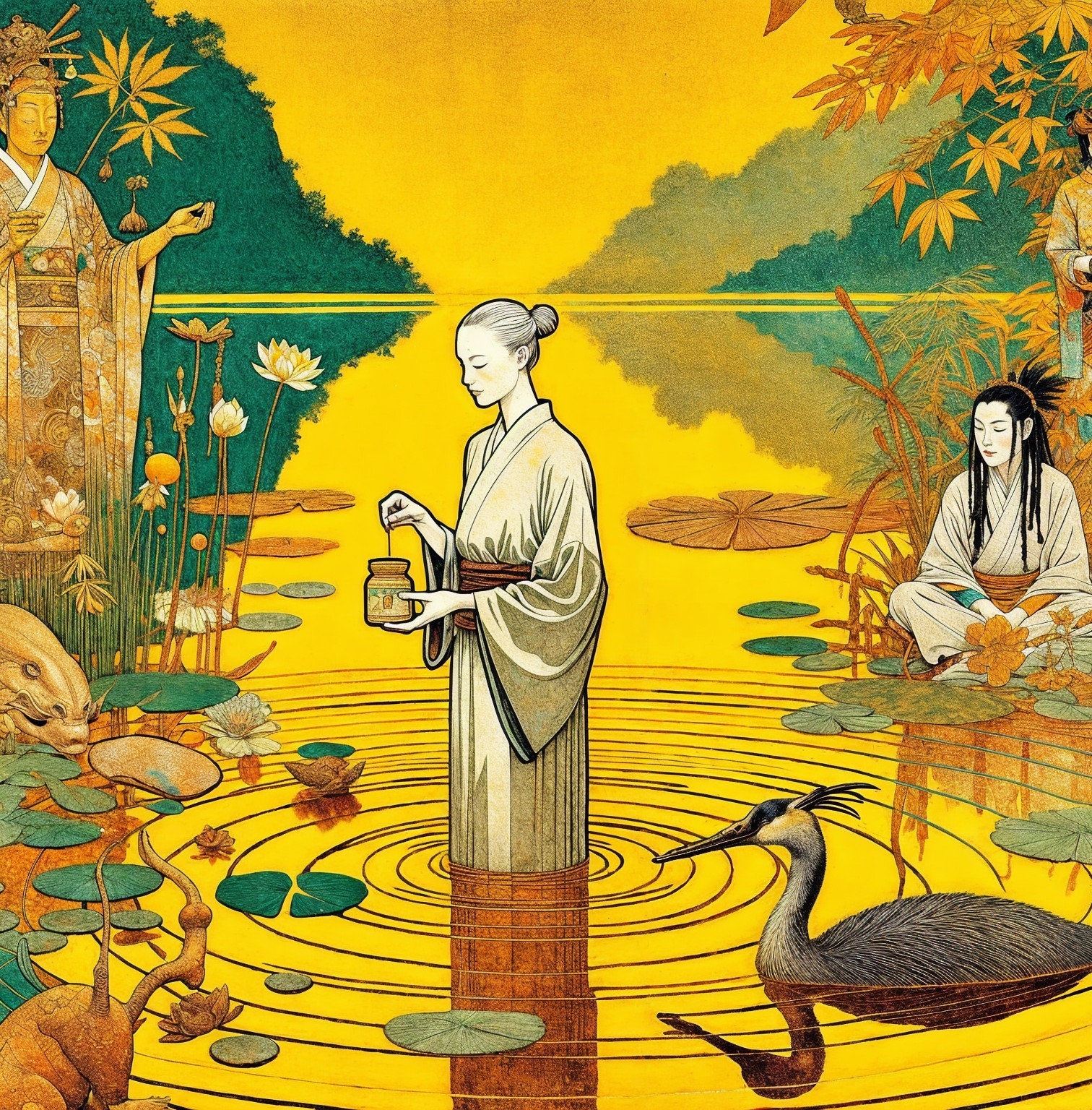 Woman in Traditional Attire in Serene Pond Setting