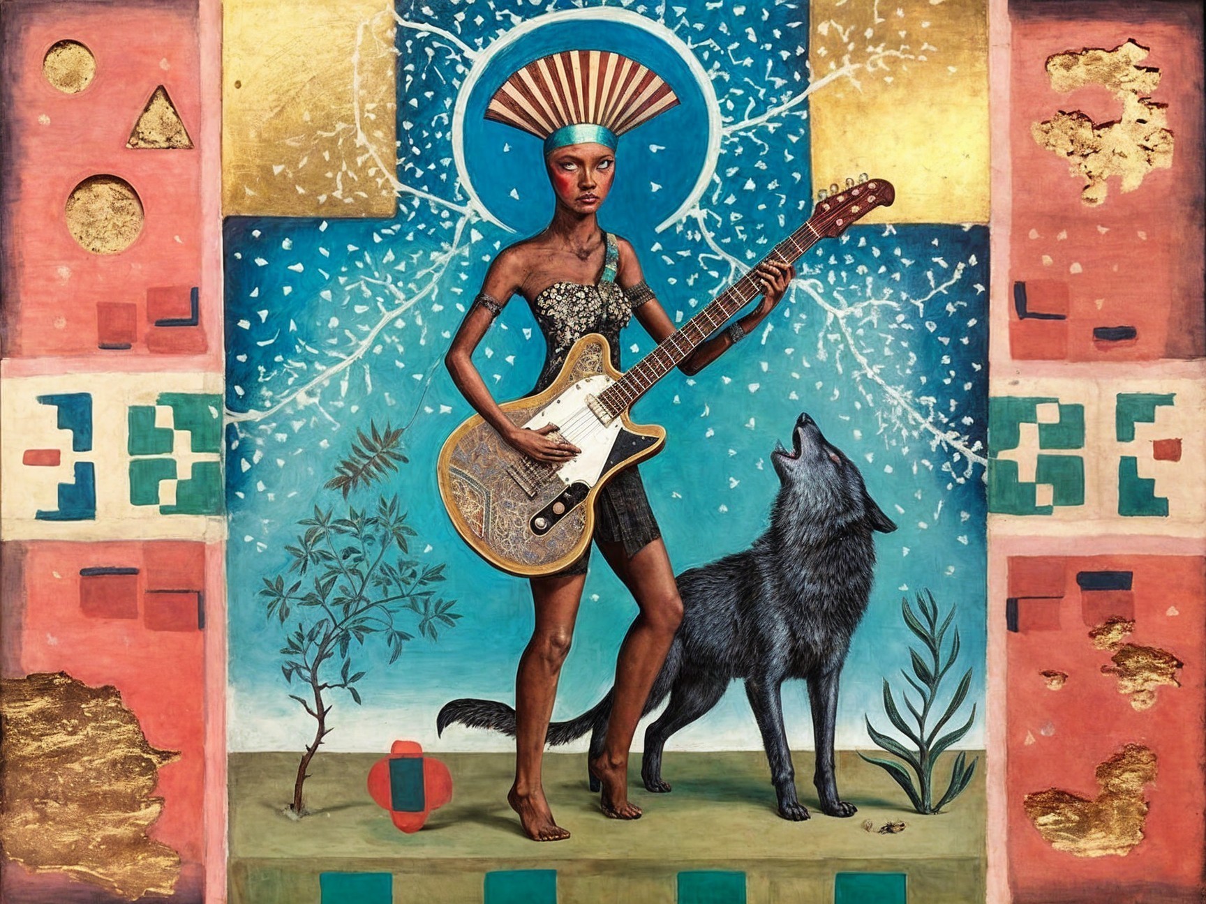 Stylized Woman with Guitar and Howling Wolf in Art