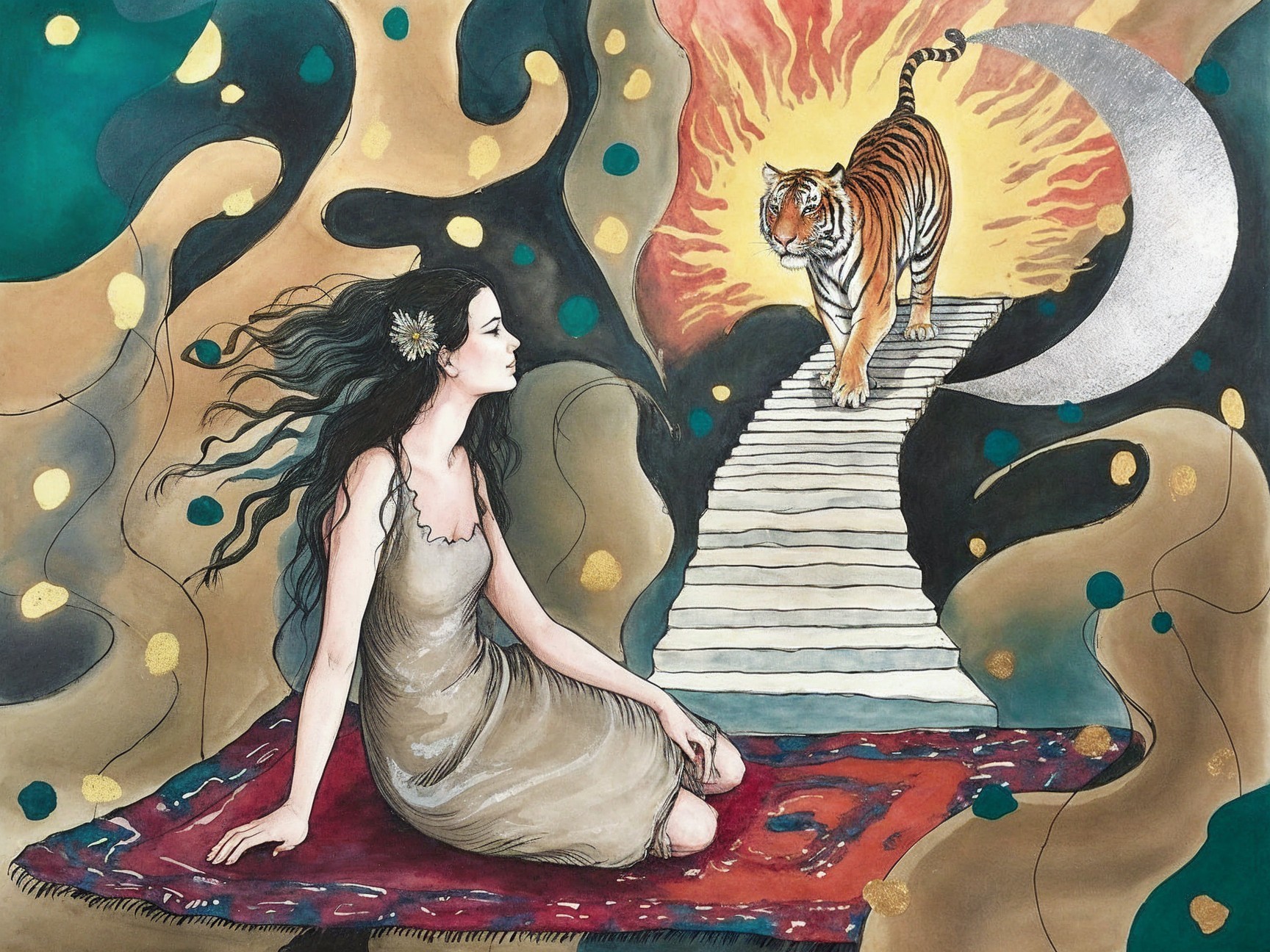 Serene Woman and Majestic Tiger in Dreamlike Setting