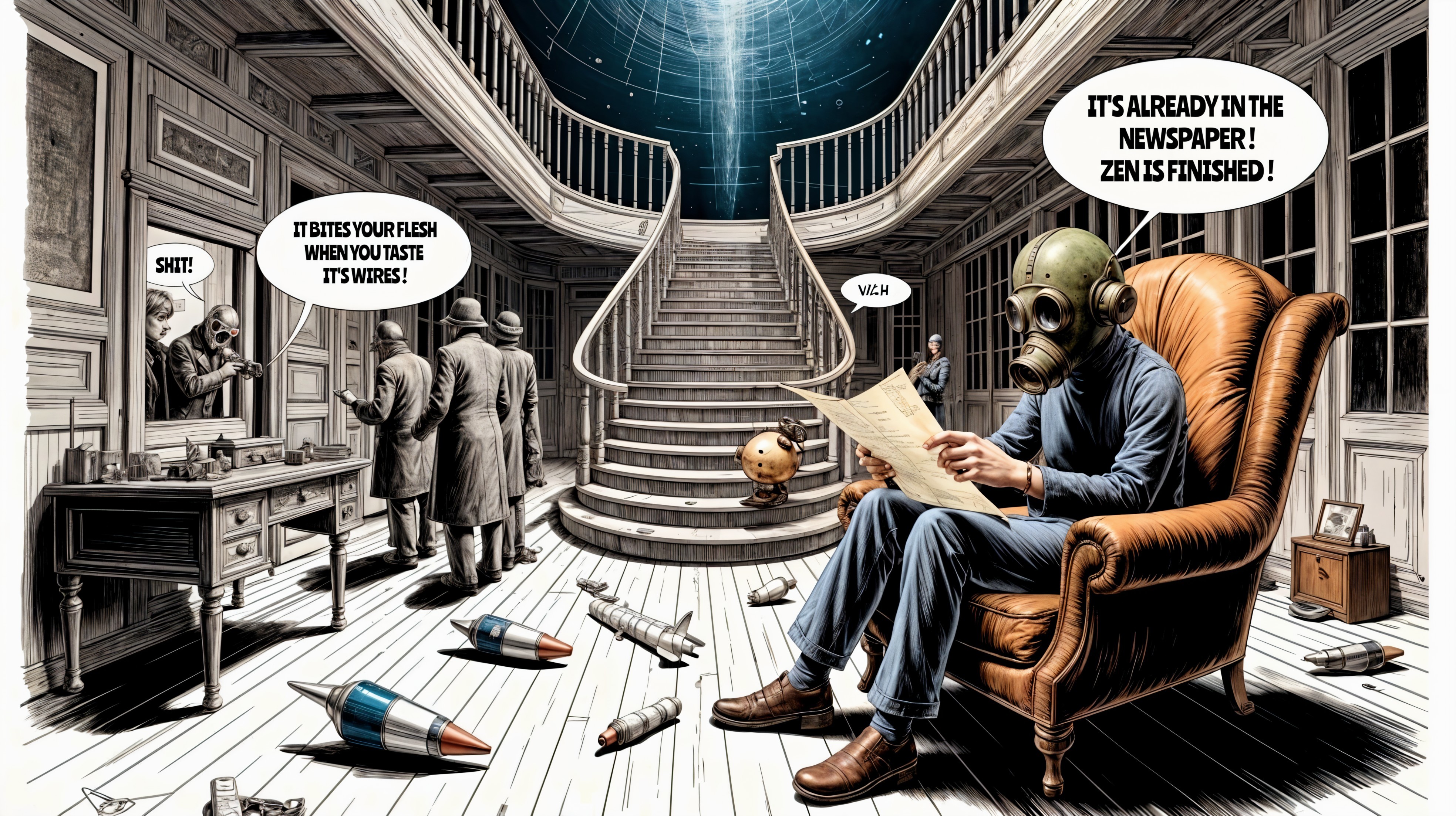Man in Gas Mask Reading Newspaper in Vintage Chaos