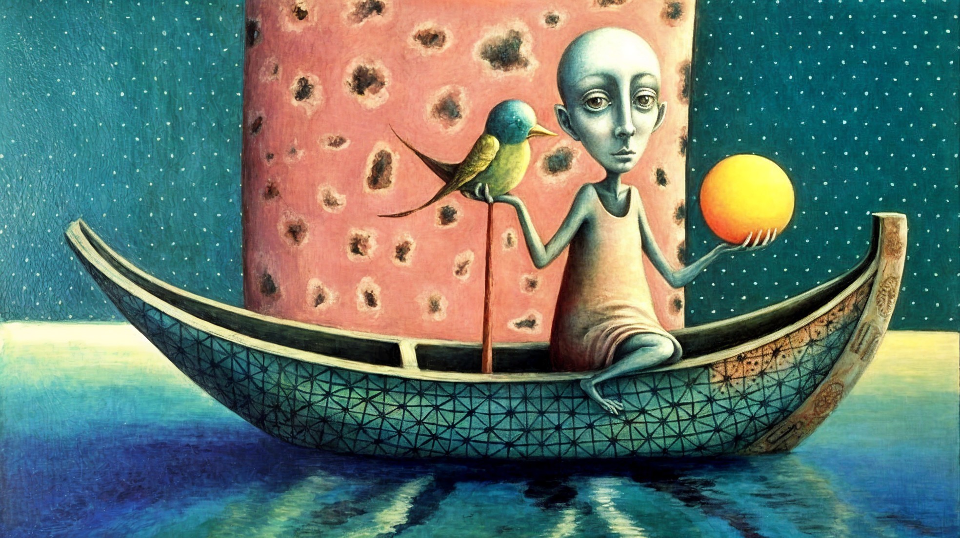 Surreal Scene with Elongated Head Character and Boat