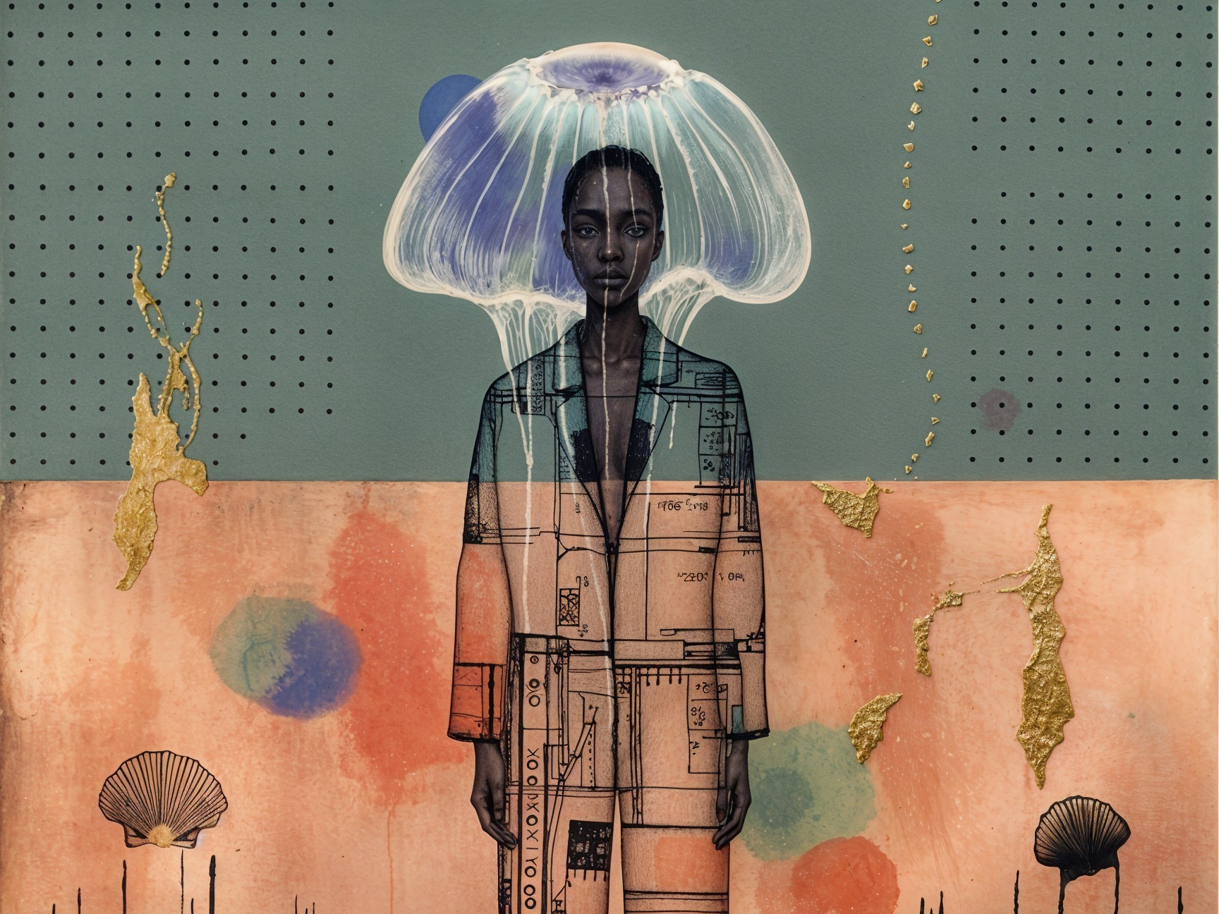 Layered Figure with Jellyfish and Abstract Background