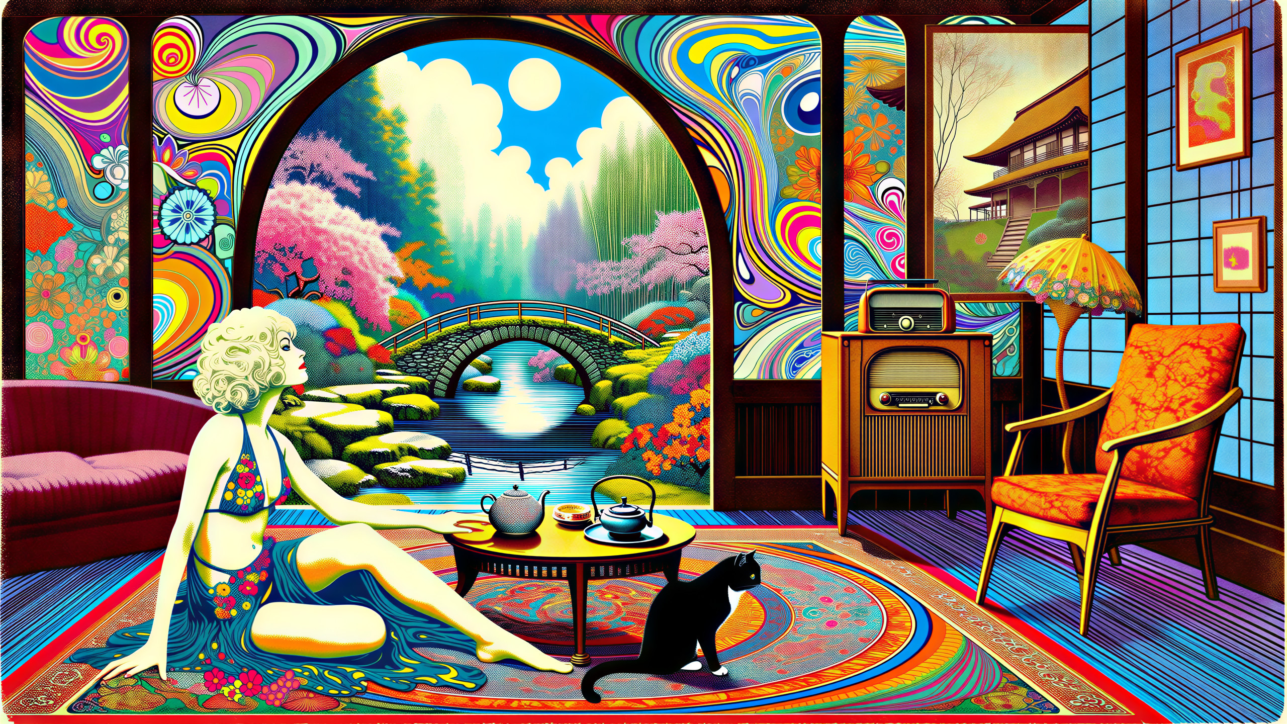 Woman in Colorful Psychedelic Setting with Cat