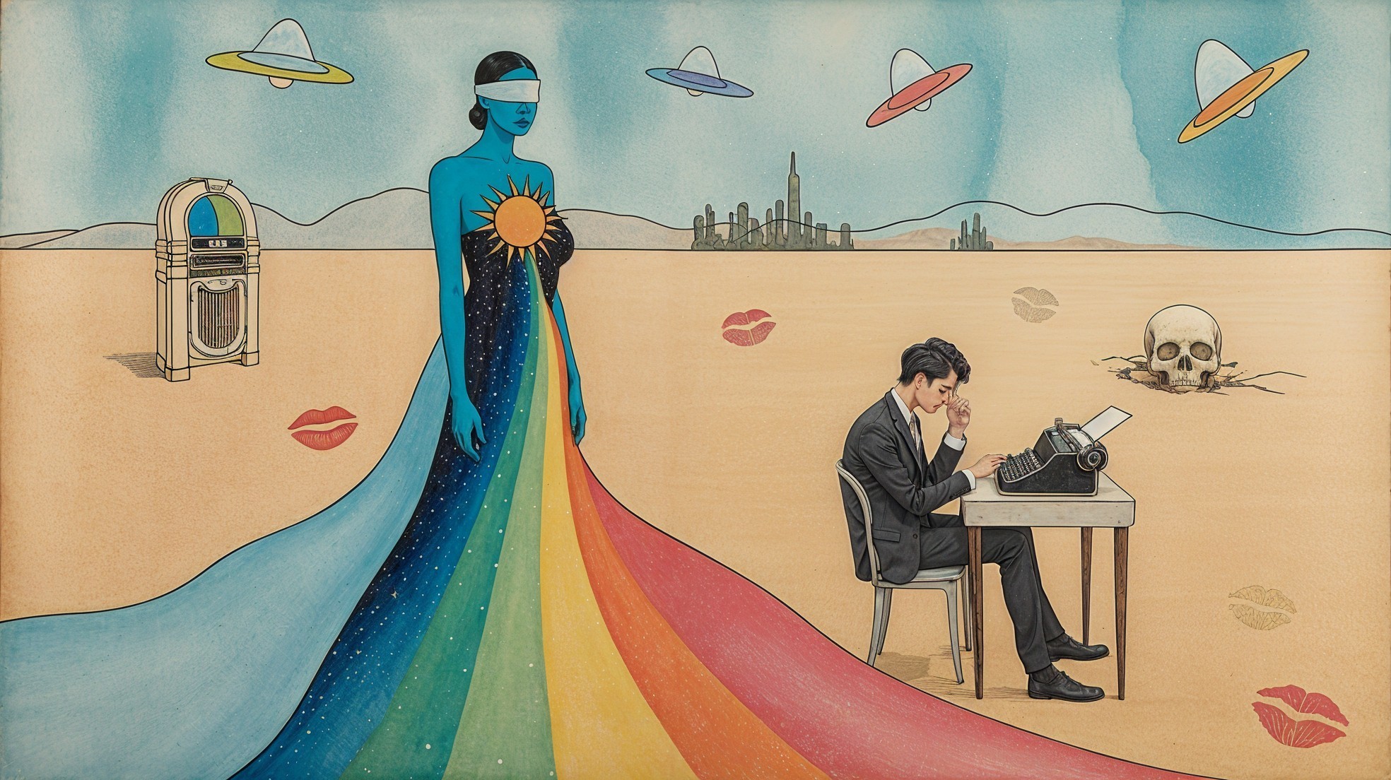Surreal Scene with Blue Figure and Desert Landscape