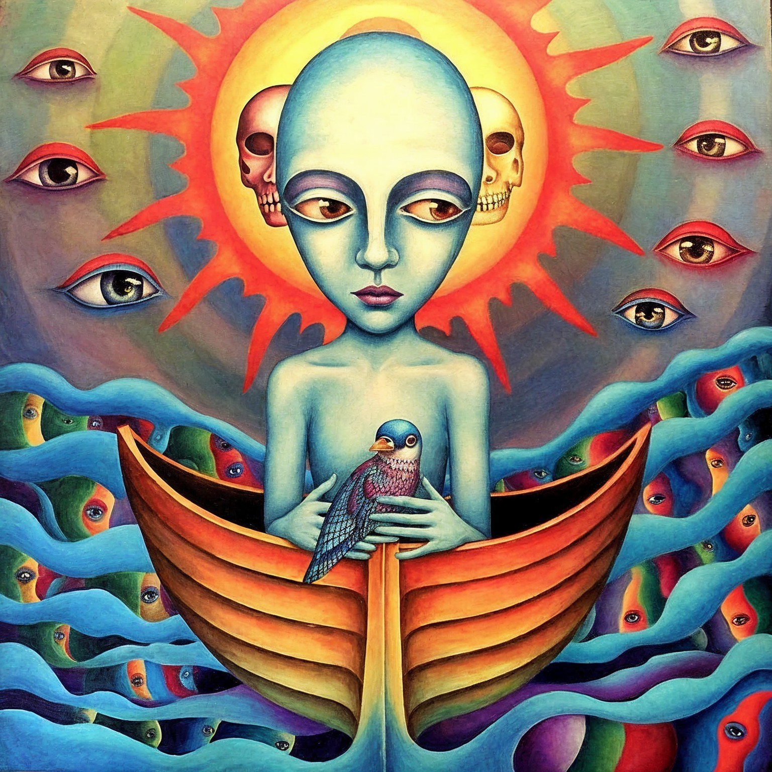 Serene Blue-Skinned Figure in Multicolored Boat Art