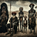 Group in Traditional Attire in Dry Landscape with Helicopter