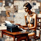 Beautiful Woman in Bikini Typing on Vintage Typewriter