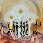 Abstract Figures in Silhouette Amidst Vibrant Landscape