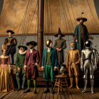 Old sailing ship with nine people and a seagull