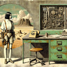 Surreal Scene of Futuristic Figure in Desert Landscape