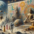Surreal Landscape with Futuristic Figures and Monuments