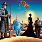 Whimsical Desert Landscape with Eclectic Characters