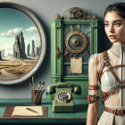 Woman in Retro-Themed Setup with Surreal Landscape