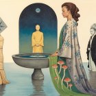 Woman by Fountain with Enigmatic Figures in Soft Colors