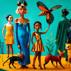 Vibrant Scene of Stylized Characters and Insects